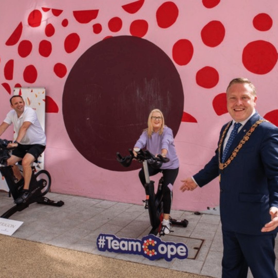 Lord Mayor with Aaron Mansworth doing the spinathon for the Cope Foundation on Harlem Street.